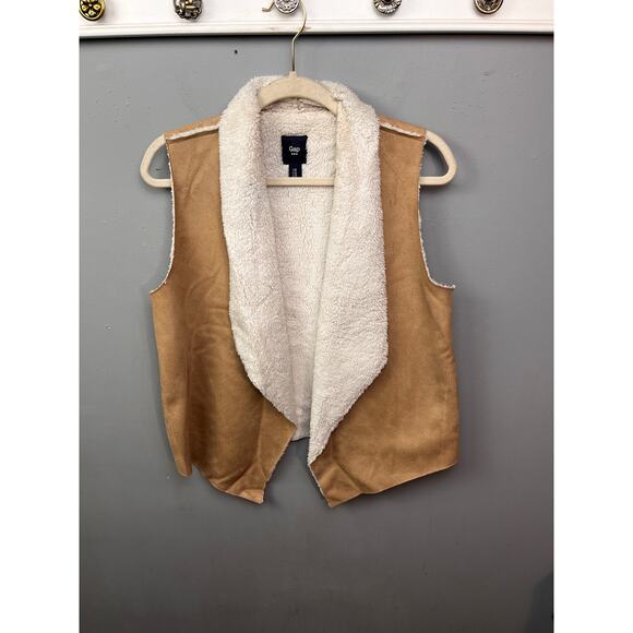 Gap Vest Womens XS open front Faux Suede Waterfall Casual Sherpa‎ Tan - Picture 1 of 7
